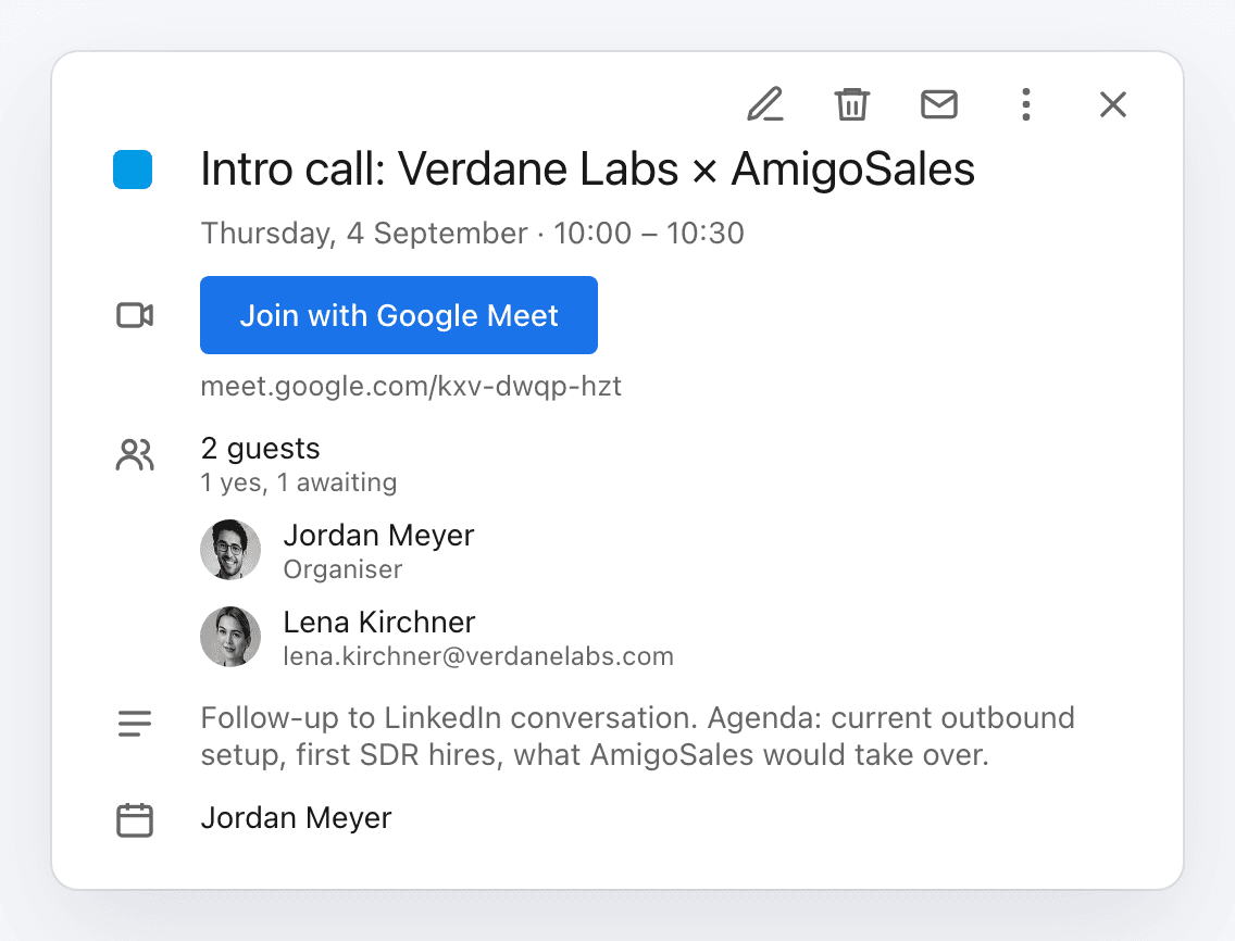 Calendar event for the booked intro call with both guests