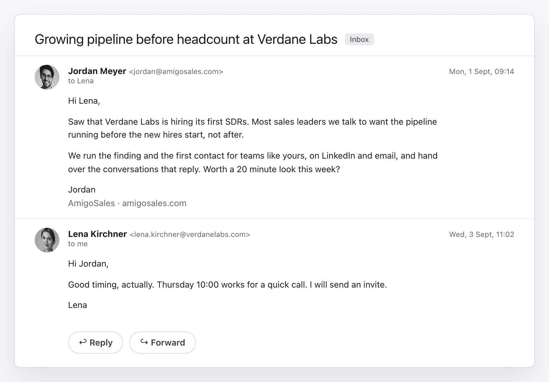 Email thread with the outreach email and the prospect's reply proposing a call