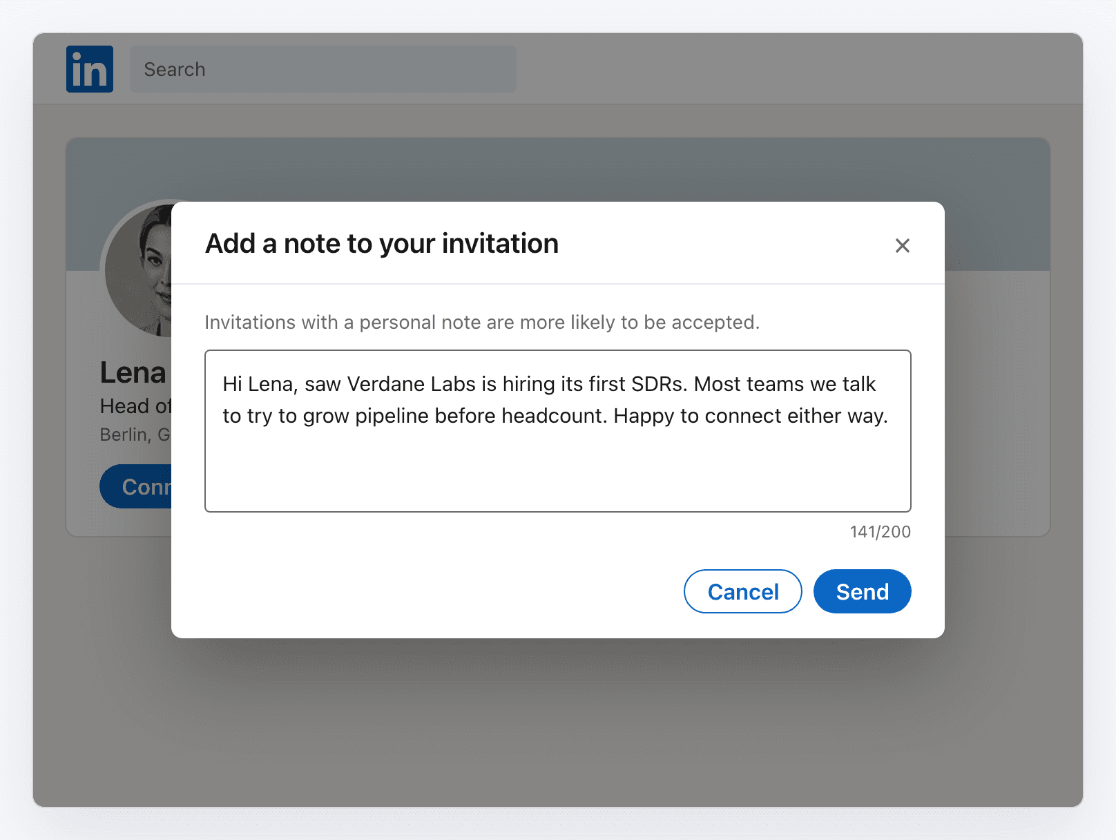 LinkedIn invitation dialog with a personal note written for the prospect